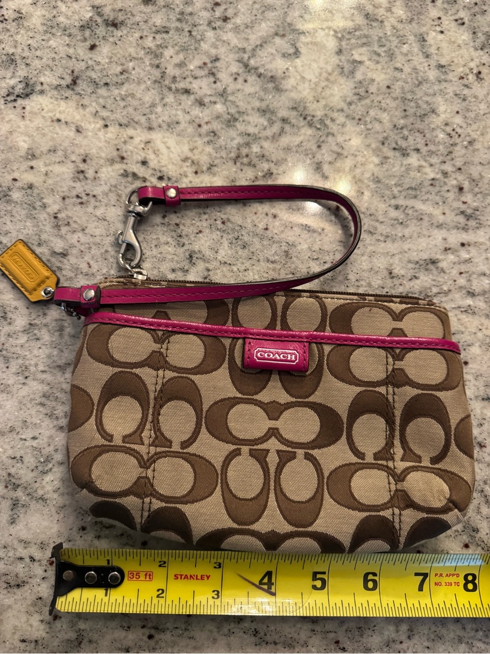 Coach Signature C Wristlet Brown Khaki Pink Trim Zip Pouch